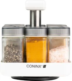 Coninx Kruidenrek Staand - Draaiend Kruidenrek Met Glazen Potjes - Kruidencarrousel Draaibaar - 8 Kruidenpotjes - Wit / RVS -Dagelijkse Benodigdheden Verkoop 1069x1200