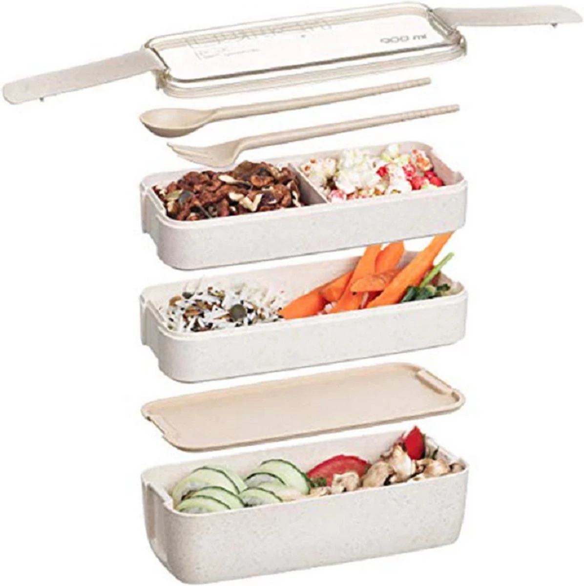 Bento Lunchbox - Lunchtrommel 900ml 3 Laags - Inclusief Bestek - Beige - Opline 6 Bento Lunchbox - Lunchtrommel 900ml 3 Laags - Inclusief Bestek - Beige - Opline - Afbeelding 6