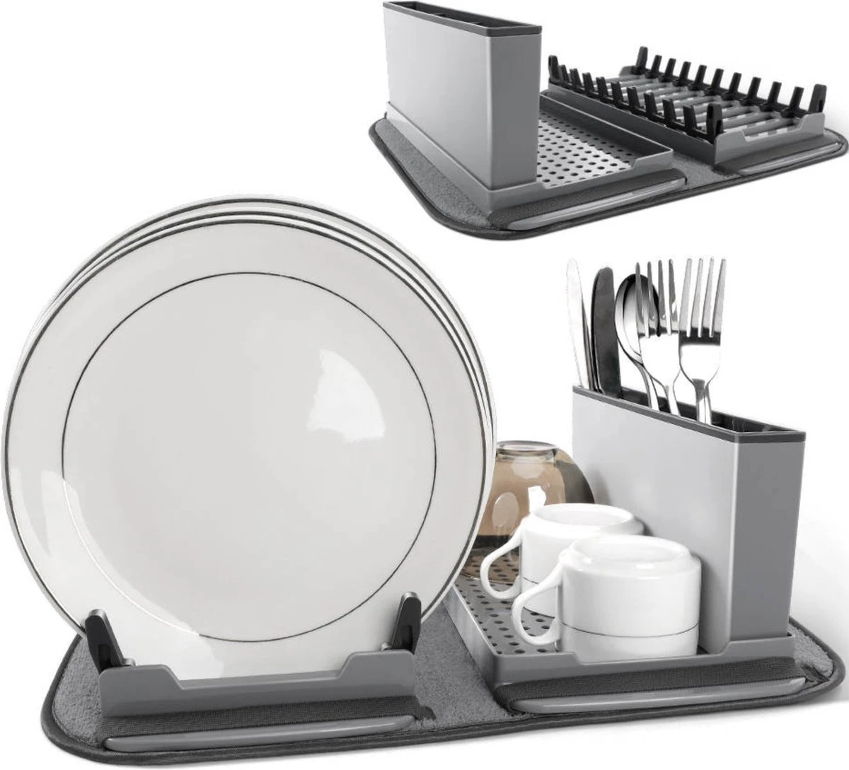 Afdruiprek Met Lekbak - Inclusief Afdruipmat - Opvouwbaar - Afwasrek Met Uitneembare Bestekhouder - Voor Bestek, Borden, Pannen En Schalen 1 Afdruiprek Met Lekbak - Inclusief Afdruipmat - Opvouwbaar - Afwasrek Met Uitneembare Bestekhouder - Voor Bestek, Borden, Pannen En Schalen