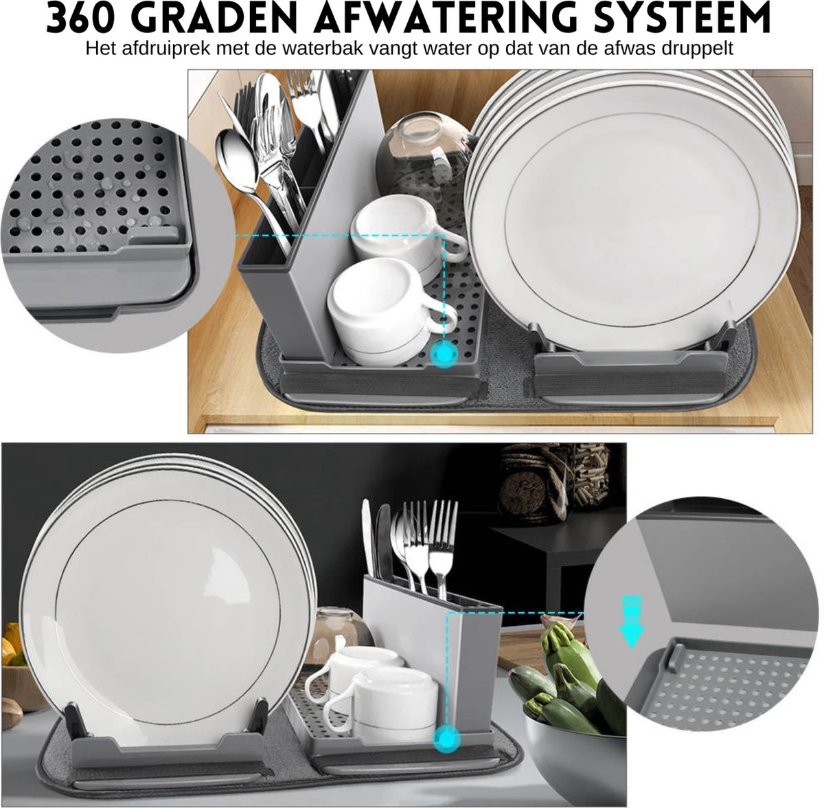 Afdruiprek Met Lekbak - Inclusief Afdruipmat - Opvouwbaar - Afwasrek Met Uitneembare Bestekhouder - Voor Bestek, Borden, Pannen En Schalen 4 Afdruiprek Met Lekbak - Inclusief Afdruipmat - Opvouwbaar - Afwasrek Met Uitneembare Bestekhouder - Voor Bestek, Borden, Pannen En Schalen - Afbeelding 4