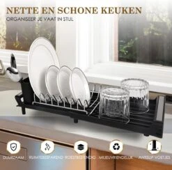 MIRI Afdruiprek – Afwasrek – Uitschuifbaar – Met Lekbak In Gootsteen – Afwas – Roestvrij Staal – Zwart -Dagelijkse Benodigdheden Verkoop 1200x1183 3