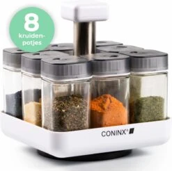 Coninx Kruidenrek Staand - Draaiend Kruidenrek Met Glazen Potjes - Kruidencarrousel Draaibaar - 8 Kruidenpotjes - Wit / RVS
