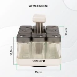 Coninx Kruidenrek Staand - Draaiend Kruidenrek Met Glazen Potjes - Kruidencarrousel Draaibaar - 8 Kruidenpotjes - Wit / RVS -Dagelijkse Benodigdheden Verkoop 1200x1200 1339