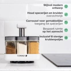 Coninx Kruidenrek Staand - Draaiend Kruidenrek Met Glazen Potjes - Kruidencarrousel Draaibaar - 8 Kruidenpotjes - Wit / RVS -Dagelijkse Benodigdheden Verkoop 1200x1200 1340