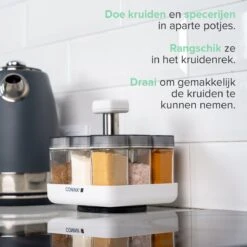 Coninx Kruidenrek Staand - Draaiend Kruidenrek Met Glazen Potjes - Kruidencarrousel Draaibaar - 8 Kruidenpotjes - Wit / RVS -Dagelijkse Benodigdheden Verkoop 1200x1200 1342