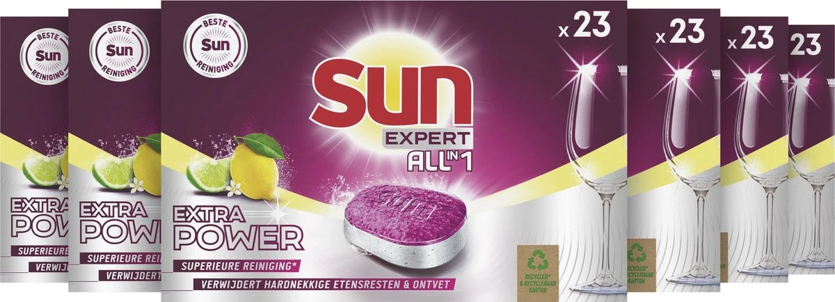 SUN® Sun All-In-1 Extra Power Lemon Vaatwastabletten - 6 X 23 Tabletten - Voordeelverpakking 2 SUN® Sun All-In-1 Extra Power Lemon Vaatwastabletten - 6 X 23 Tabletten - Voordeelverpakking - Afbeelding 2