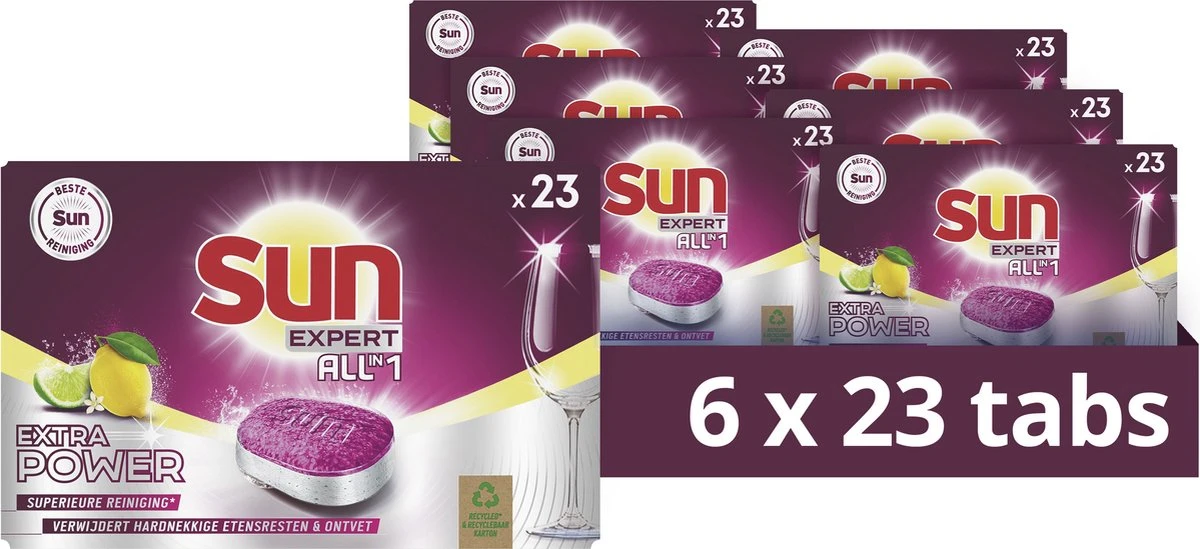 SUN® Sun All-In-1 Extra Power Lemon Vaatwastabletten - 6 X 23 Tabletten - Voordeelverpakking 1 SUN® Sun All-In-1 Extra Power Lemon Vaatwastabletten - 6 X 23 Tabletten - Voordeelverpakking