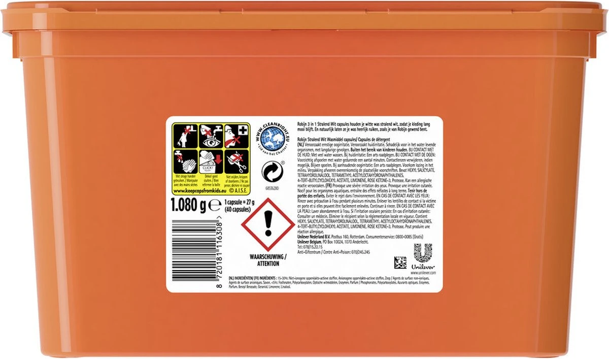 Robijn Stralend Wit 3 In 1 Wascapsules Speciaal Voor De Witte Was - 40 Wasbeurten Kwartaalbox 3 Robijn Stralend Wit 3 In 1 Wascapsules Speciaal Voor De Witte Was - 40 Wasbeurten Kwartaalbox - Afbeelding 3