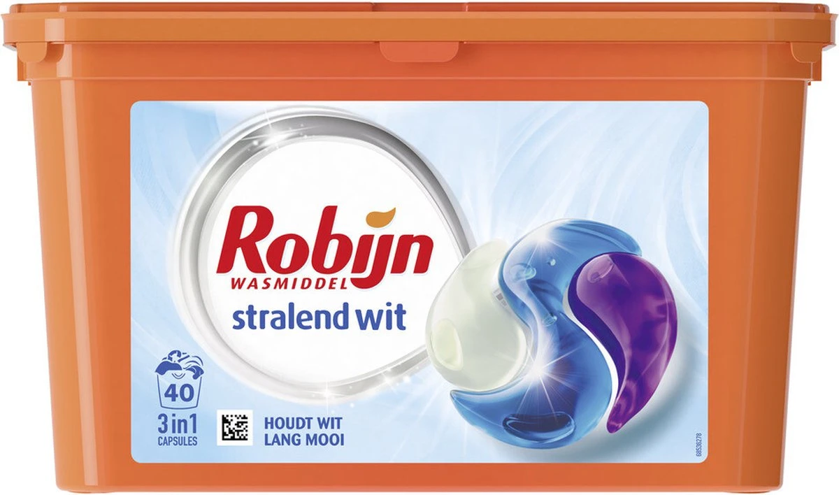 Robijn Stralend Wit 3 In 1 Wascapsules Speciaal Voor De Witte Was - 40 Wasbeurten Kwartaalbox 1 Robijn Stralend Wit 3 In 1 Wascapsules Speciaal Voor De Witte Was - 40 Wasbeurten Kwartaalbox