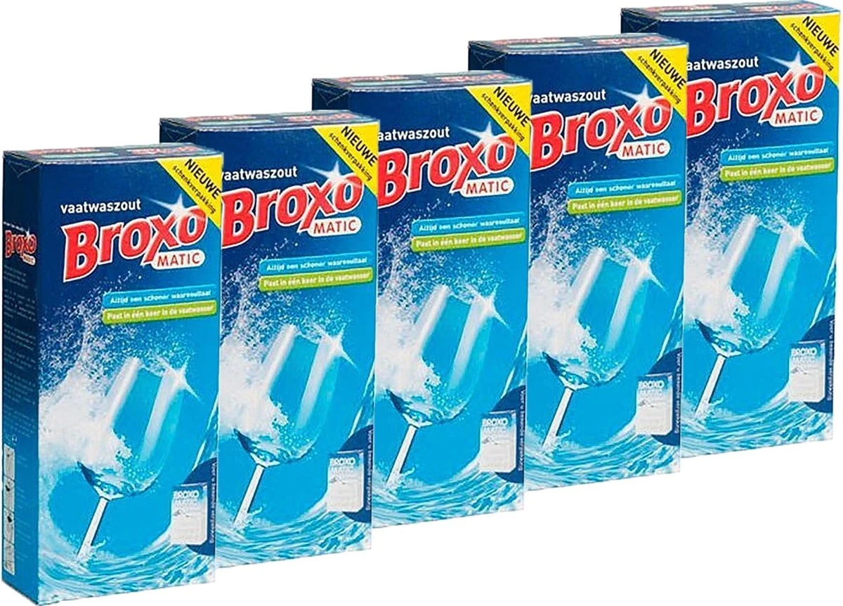 Broxo Matic Vaatwaszout 5 X 1kg | Korrels | Voorkomt Kalkafzetting | Vaatwasser Zout | Promo Verpakking 1 Broxo Matic Vaatwaszout 5 X 1kg | Korrels | Voorkomt Kalkafzetting | Vaatwasser Zout | Promo Verpakking