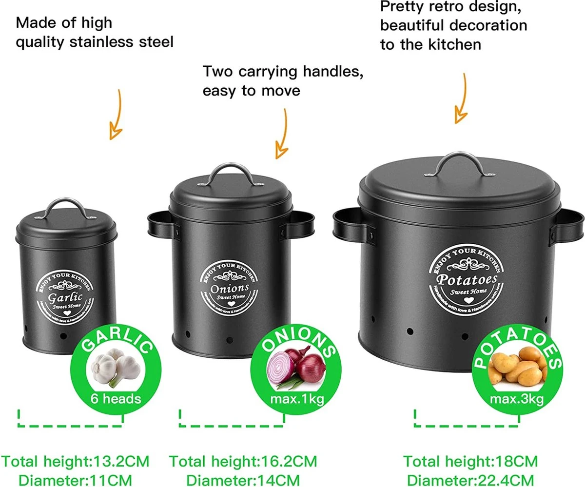Professionele Bewaardozen - Set Van 3 - Voor Aardappels, Uien En Knoflook - Retro Design - Voorraadcontainer Van Metaal - Keukenopslag - Groentes Bewaren Voor Lange Tijd - Perfect Cadeau Voor In De Keuken 6 Professionele Bewaardozen - Set Van 3 - Voor Aardappels, Uien En Knoflook - Retro Design - Voorraadcontainer Van Metaal - Keukenopslag - Groentes Bewaren Voor Lange Tijd - Perfect Cadeau Voor In De Keuken - Afbeelding 6