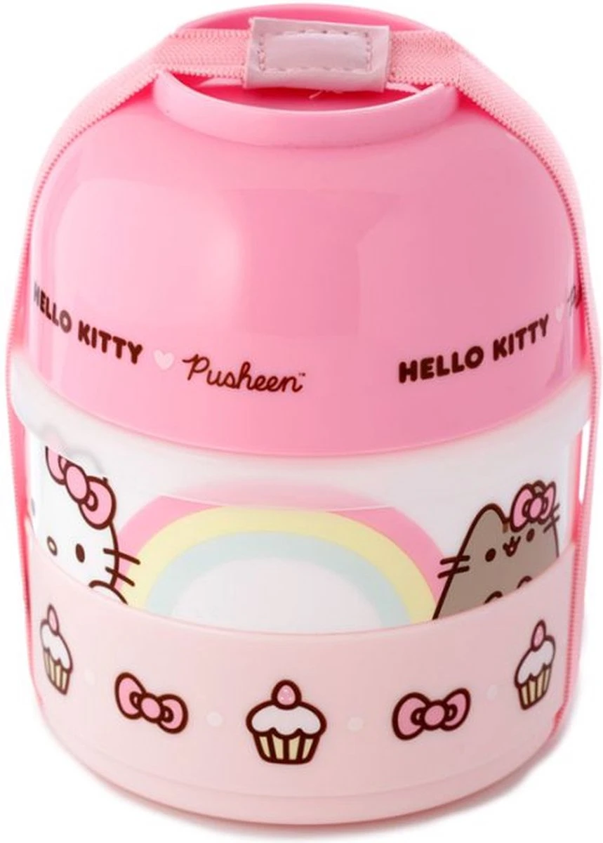 Hello Kitty & Pusheen De Kat - Gestapelde Ronde Bento Box Lunchtrommel 1 Hello Kitty & Pusheen De Kat - Gestapelde Ronde Bento Box Lunchtrommel